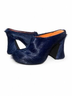 Marni Blue Pony Hair Leather Mules Block Heel Clogs
